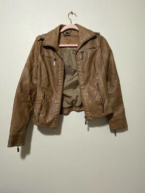 Brown Faux Leather Biker Jacket